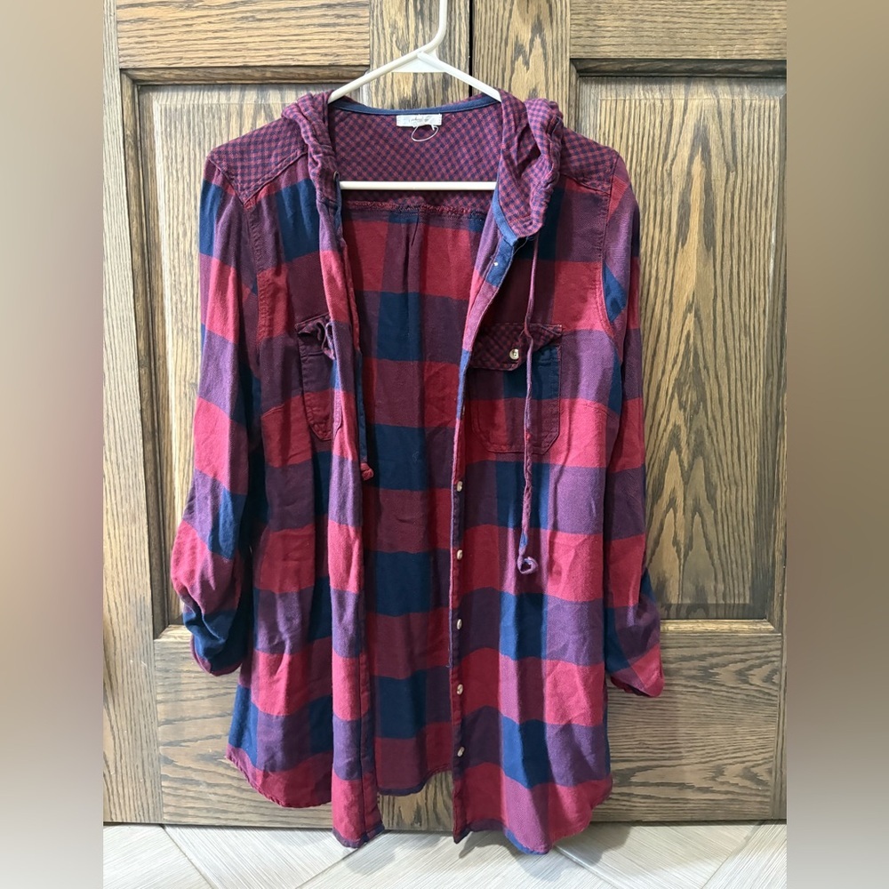 Maurices Red and Navy Plaid Hooded Button-Down Shirt